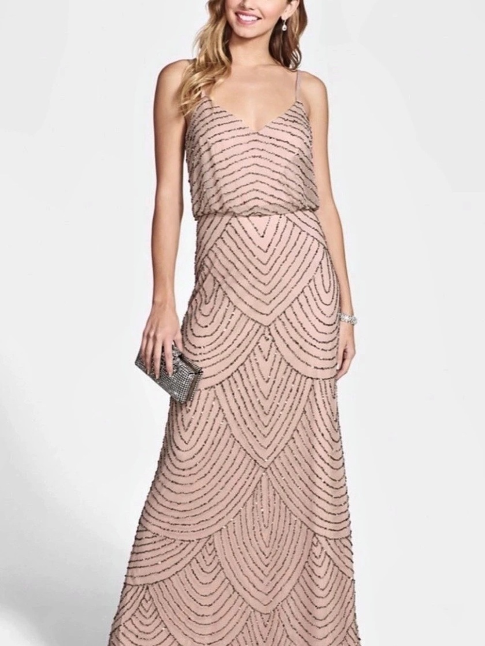 Adrianna Papell Art Deco Beaded Blouson Gown Pink Size 16
